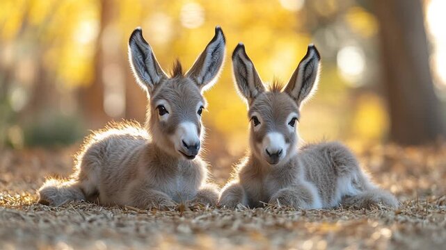 Two adorable baby donkeys resting together in a sunlit forest.