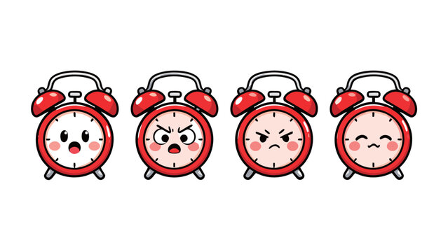 Set of four red cartoon alarm clock characters showing different morning emotions