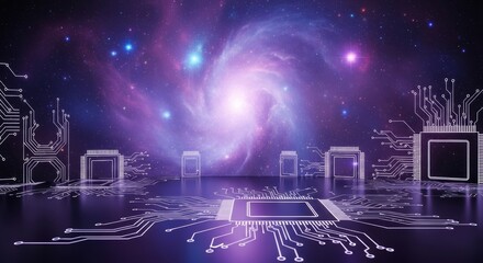 Electronic Circuitry Glowing with Galactic Nebula Background