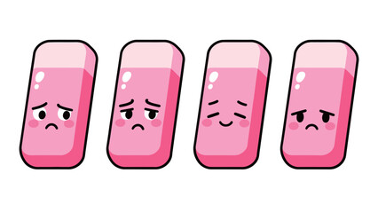 Cute cartoon pink eraser emoji set showing various sad and disappointed expressions