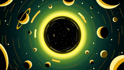 Retro-futuristic abstract illustration in the style of a vintage science fiction poster  a glowing space vortex or black hole surrounded by orbiting planets, with warm tones. © Juanpa Duque