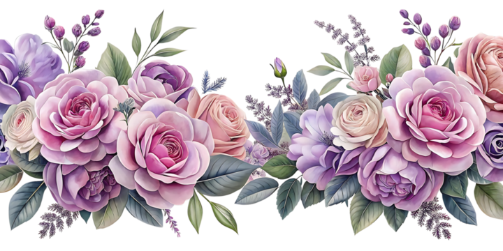 Elegant floral arrangement of pastel roses and lavender blooms watercolor style for feminine designs and spring events decorations