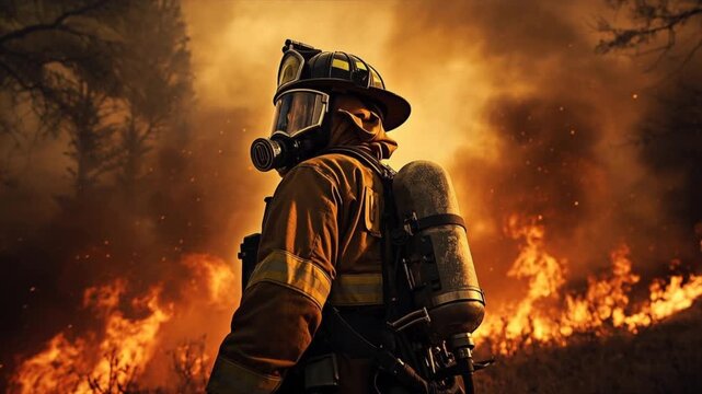 Brave Firefighter Amidst Inferno: A courageous firefighter, clad in protective gear, stands resolute against a raging inferno.