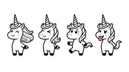 Cute cartoon unicorn characters set in various happy and playful poses and emotions