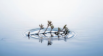Delicate Green Plant Stem Reflecting in Blue Rippled Water