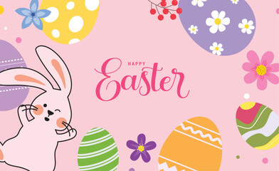 Easter clipart background design. Happy easter Sunday wishes clip art with bunny, eggs and flowers abstract colorful drawing background. Vector illustration holiday greeting card. 
