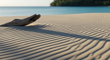 Driftwood on Rippled Sand Dune with Soft Sunlight and Blue Water Backdrop