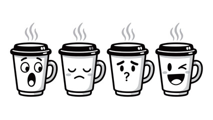 Black and white cartoon coffee cup set with surprised, sad, questioning, and winking expressions