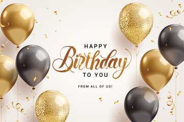 Birthday invitation card clipart design. Happy birthday greeting text with gold, black and glitter floating balloons clip art elements for elegant background vector illustration. 
