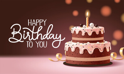 Birthday cake greeting card clipart design. Happy birthday invitation card clip art with chocolate cake flavor decoration elements for party celebration background vector illustration. 