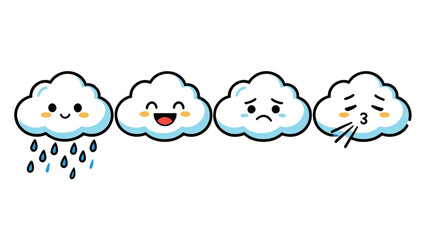 Obraz premium Set of four cute cartoon cloud characters with rain, happy, sad, and windy expressions