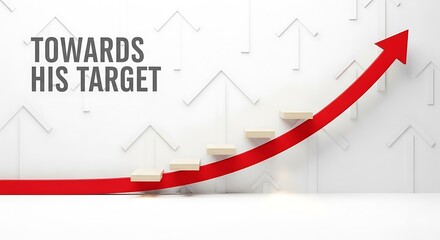 Red arrow pointing upwards on stairs isolated on white background