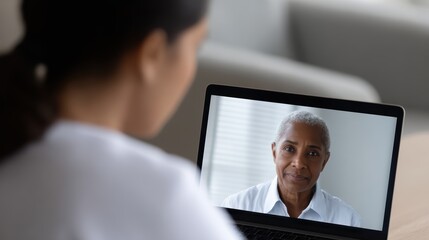 Hispanic female doctor consulting with elderly black patient via laptop video call from comfortable home office showing authentic telemedicine moment for digital healthcare advertising diversity.