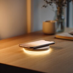Modern smartphone placed on wireless charging pad glowing softly on clean wooden desk with minimalist ambient lighting. Digital convenience innovation and contemporary tech lifestyle concept.