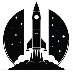 Black retro rocket launching into starry night sky