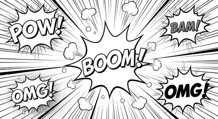 Comic book speech bubbles with boom pow bam and omg