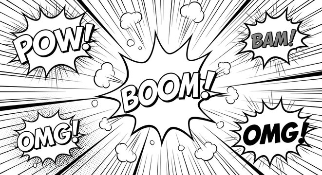 Comic book speech bubbles with boom pow bam and omg - Powered by Adobe