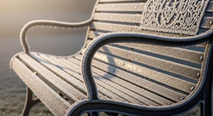 Icy Park Bench with Frosty Detail and Warm Light