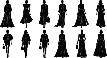 Fashion silhouettes, women dresses, stylish outfits, back view, elegant gowns, trendy clothing, diverse styles, puff sleeves, capes, handbags