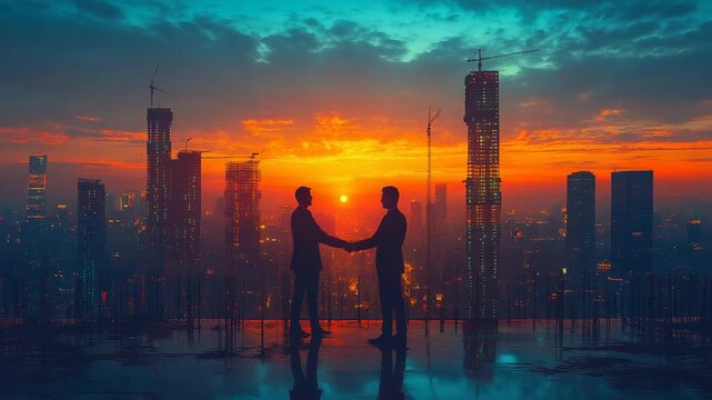 Two businessmen shaking hands on a rooftop overlooking a city skyline at sunset.