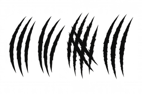 Black beast claw marks vector graphic on transparent background, showing monster scratch and animal tearing damage