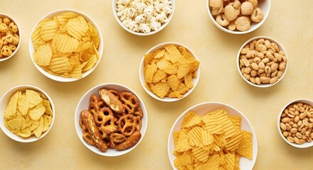 Assorted snack bowls potato chips pretzels popcorn