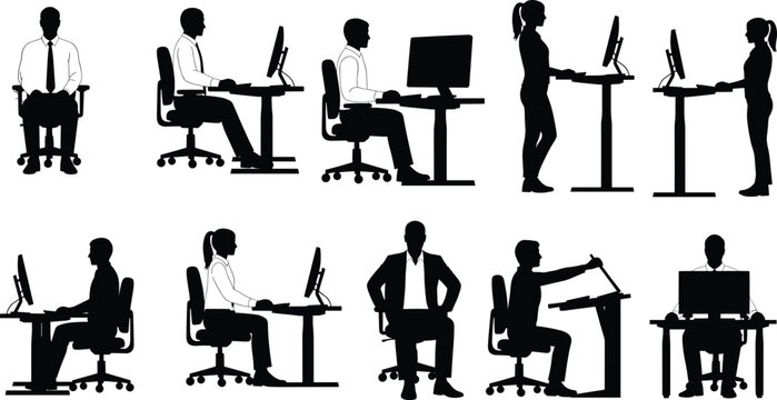 Office ergonomics, workstation posture, standing desk, seated posture, adjustable desk, computer monitor, healthy workspace, silhouette