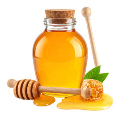 Sweet golden honey flows from a glass bottle with honey dippers.