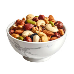 Assorted raw nuts fill a marble patterned bowl against a black background.