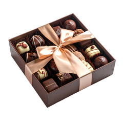 Assortment of gourmet chocolates in a gift box with satin ribbon.