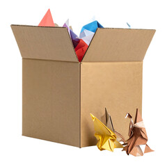 Colorful origami cranes fill an open cardboard box with more outside.