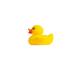 A bright yellow toy duck floats with its mouth open.