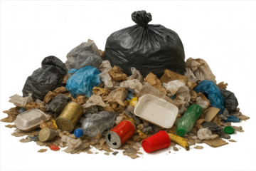 Pile of mixed garbage and trash bag on transparent background, showing environmental waste and pollution problem