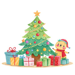 Naklejka premium Christmas tree and gifts, Cartoon decorating Christmas tree vector design isolated white background