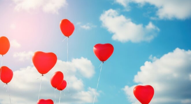 A Collection of Red Heart Shaped Balloons Floating Gracefully into the Bright Blue Sky Filled with Fluffy White Clouds and Warm Sunlight - Powered by Adobe