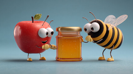 A cheerful digital rendering of a fuzzy honeybee carrying a honey pot.