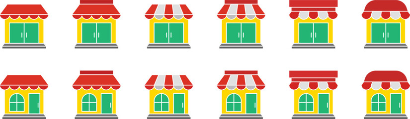 Store icon set. Colored store icons in different styles. Retail icon set. Store symbol. Shop icon set. Shop symbol. Store Building. Shop building. Vector illustration