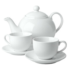 White ceramic teapot and two cups with saucers isolated on black.