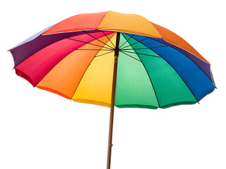 Obraz premium Bright and Colorful Rainbow Beach Umbrella for Summer Fun and Protection from Sun Isolated on Black Background