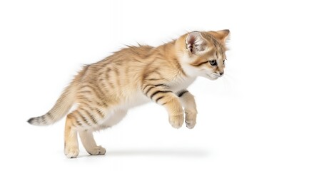 Fototapeta premium Playful Tabby Kitten Leaping in Mid-Air Against a Clean White Background - Cute Animal Portrait for Pet Adoption or Childrens Content
