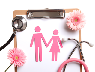 Family Health & Care: Pink Figures, Stethoscope, and Flowers on Clipboard isolated on a transparent background