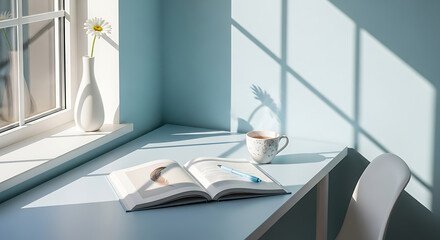 Peaceful study nook bathed in warm morning sun rays