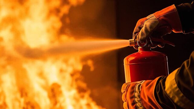 Fire extinguisher suppressing intense flames, highlighting fire safety, emergency response, and protection. Essential for fire prevention, training, and crisis management concepts.