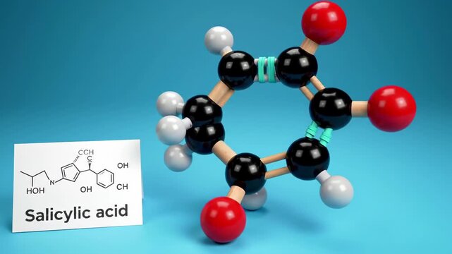 Salicylic Acid Molecular Model on a Blue Surface with Chemical Structure