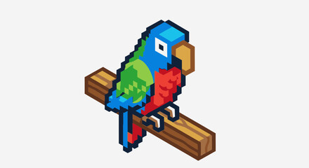 A colorful pixel art parrot with blue, green, and red feathers perched on a wooden branch. © rosyadvect