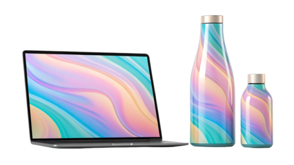 Laptop computer with abstract colorful screen and matching water bottles mockup showcasing modern technology and hydration solutions