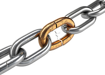 Obraz premium Broken golden link in a strong silver chain concept for failure and vulnerability representing weakness