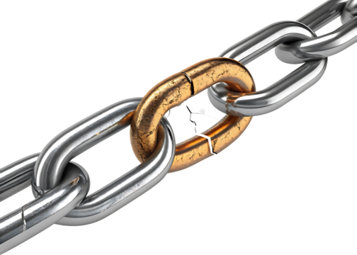 Broken golden link in a strong silver chain concept for failure and vulnerability representing weakness - Powered by Adobe