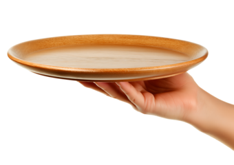 Hand Presenting Empty Round Wooden Tray isolated on a transparent background