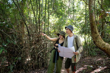 Couple hiking through bamboo forest using map for navigation